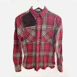 RALPH LAUREN RUGBY Red Plaid Button up Blouse Suede Patch Skinny Fit Size 6